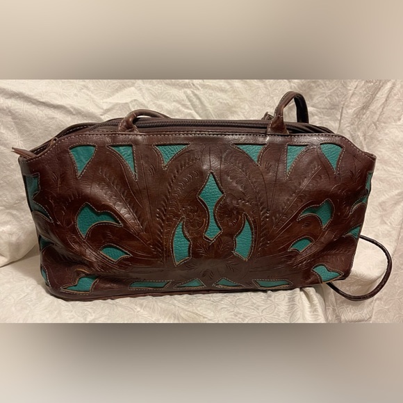 Leaders in Leather VTG Made in Paraguay Dark Brown/Aqua hand tooled Leather bag - Picture 4 of 13
